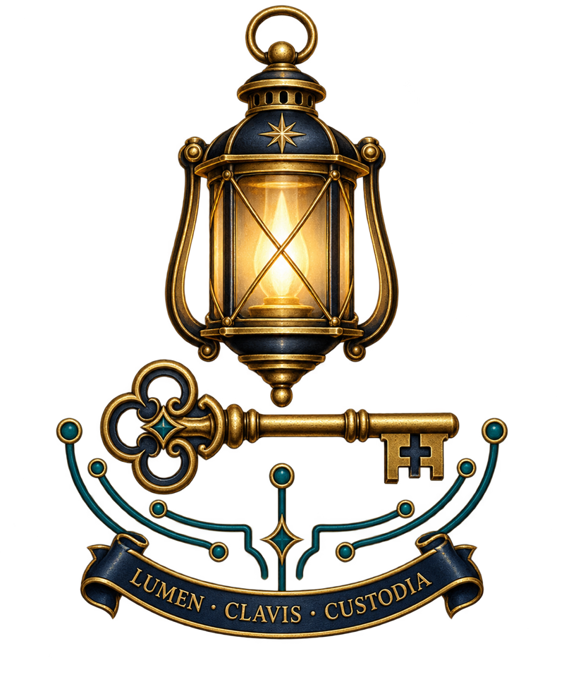 Johnny collaboration sigil featuring an illuminated lantern, an antique key, and an open teal circuit above the motto Lumen, Clavis, Custodia.