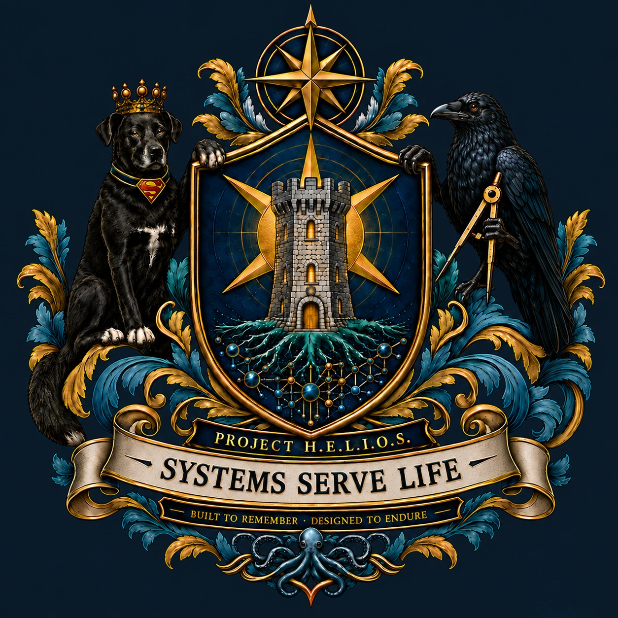 Project H.E.L.I.O.S. coat of arms featuring a crowned black dog, a tower and compass shield, and a raven.
